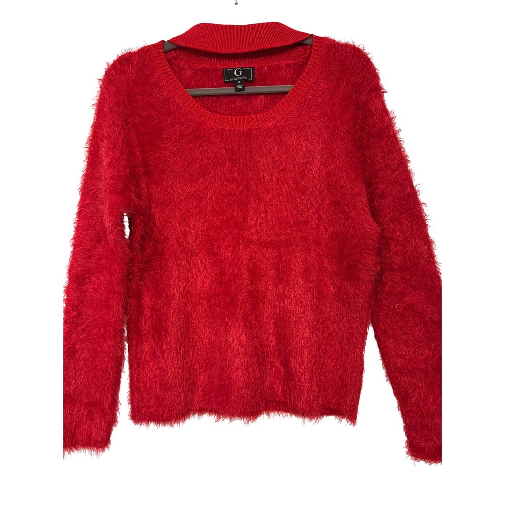 NEW‎ G by Giuliana Red Eyelash Knit Sweater Choker Cutout Neckline Womens Medium